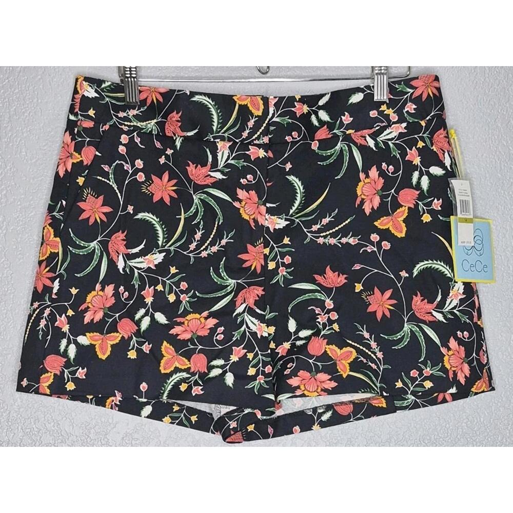CeCe Black Desert Floral Marrakesh Ink Print Flat Front Shorts Size 14 New